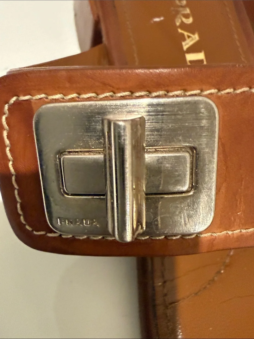PRADA Tan Brown Leather Double-Strap Slide Sandals - Picture 5 of 14